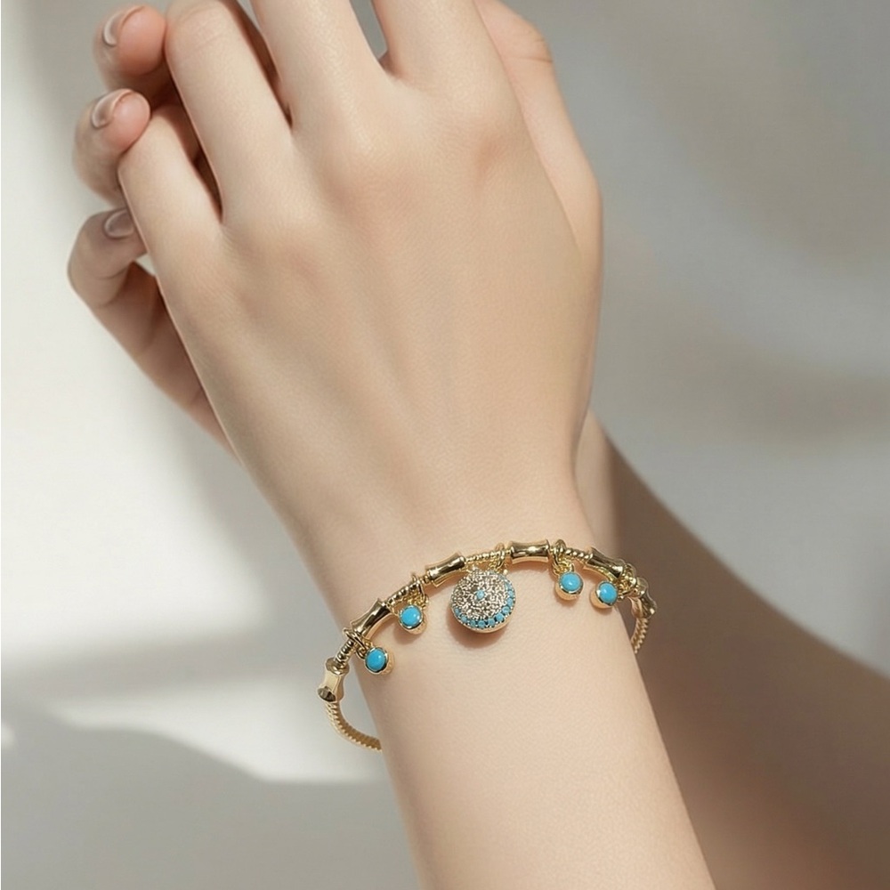 Gold Plated Evil Eye Bangle Bracelet with Turquoise Charms by
